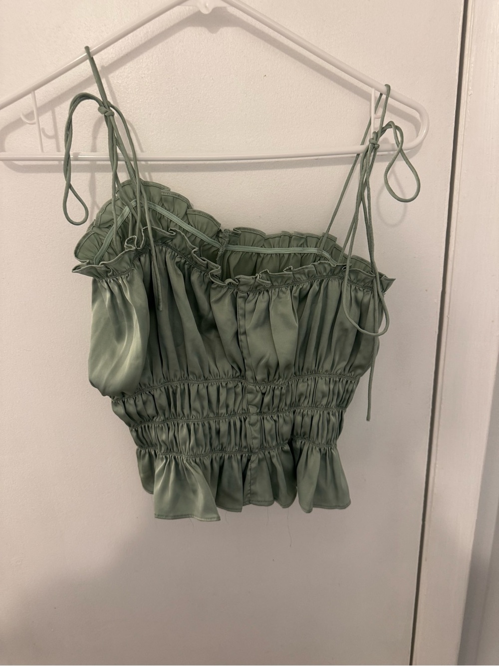 Forever 21 Sage Green Ruffled Tie-Shoulder Smocked Crop Top